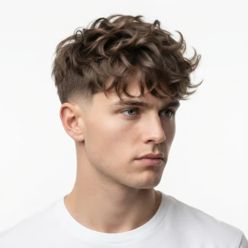 Man with a fluffy fringe and low taper fade hairstyle on a clean white background.
