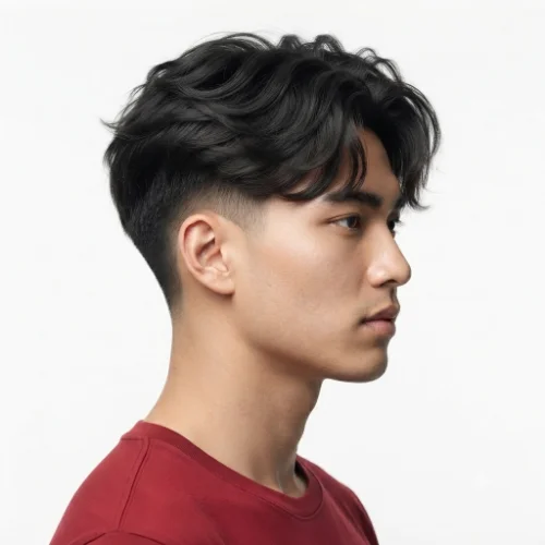 Man with curtain bangs and a low taper fade fluffy hairstyle on a white background.