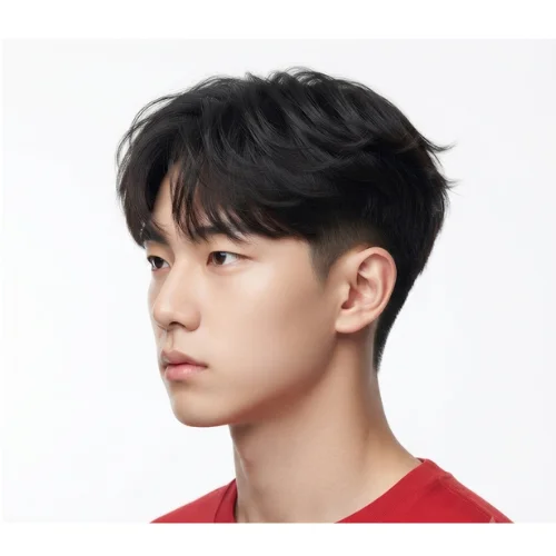Asian man with a fluffy low taper fade hairstyle featuring soft texture on a white background.