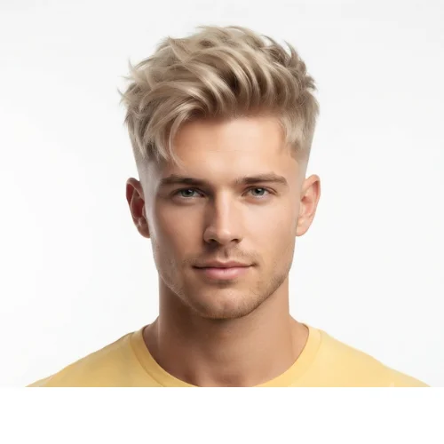 Blonde man with a fluffy low taper fade hairstyle on a clean white background.