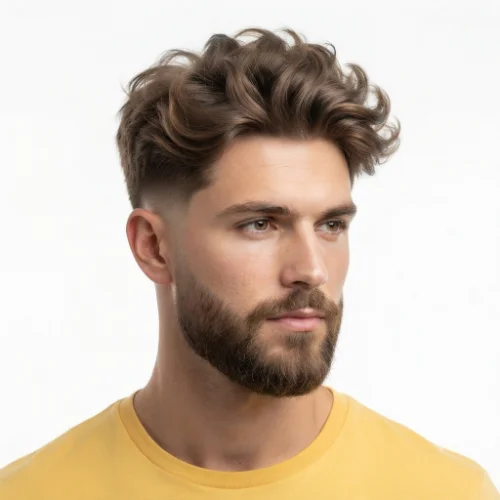 Man with a fluffy low taper fade hairstyle paired with a neatly trimmed beard on a white background.