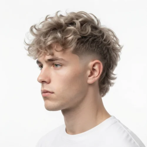 : Man with a textured fluffy top and low taper fade hairstyle on a white background.