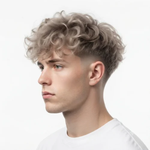 Man with a trendy 2026 low taper fade fluffy hairstyle featuring modern texture and volume on a white background.