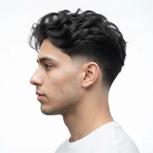 Man with a neat professional low taper fade fluffy hairstyle on a white background.