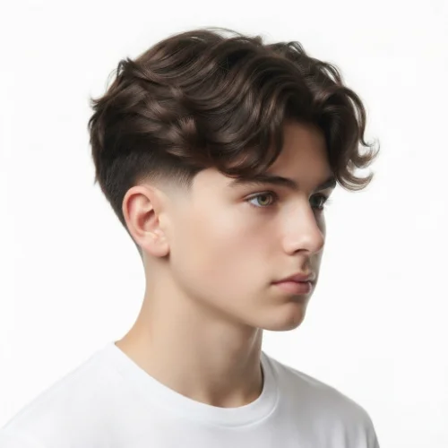 Teen boy with a fluffy low taper fade hairstyle on a clean white background.