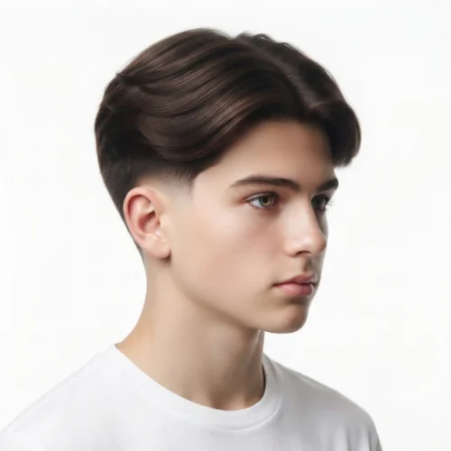 Man with a classic low taper fade middle part hairstyle featuring clean faded sides and a natural center part on a white background.