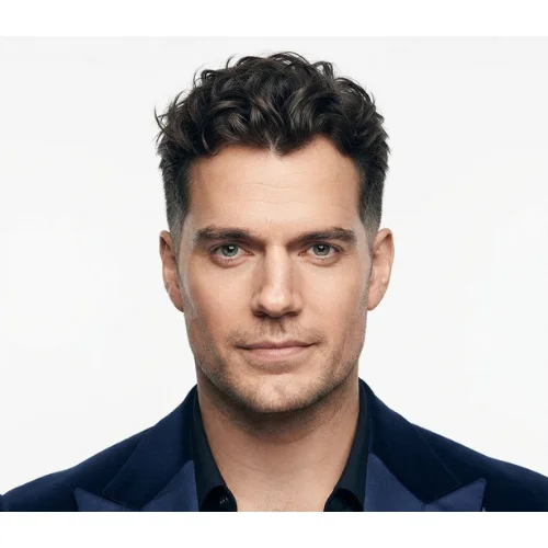 Man with messy textured hair and a low taper fade middle part on a white background.
