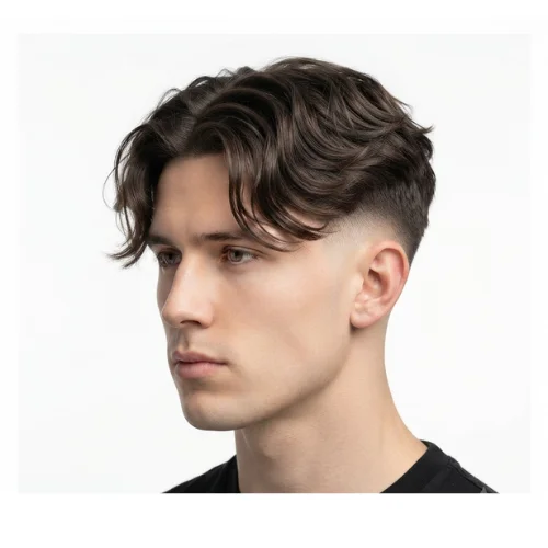 Man with textured hair and a low taper fade middle part hairstyle on a clean white background.