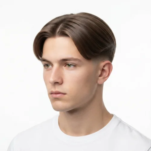 Man with straight hair styled in a low taper fade middle part on a clean white background.