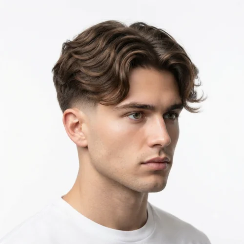 Man with naturally wavy hair and a low taper fade middle part hairstyle on a white background.

