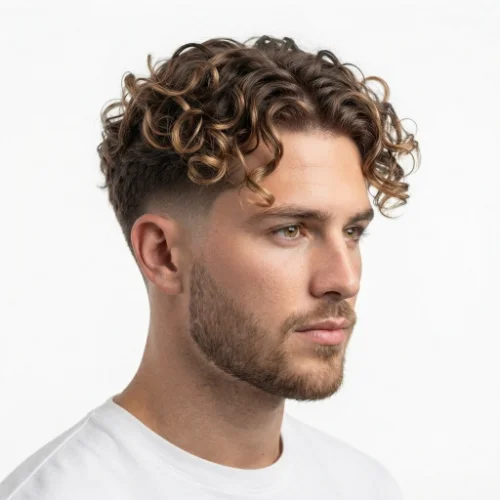 Man with curly hair styled into a low taper fade middle part hairstyle on a white background.
