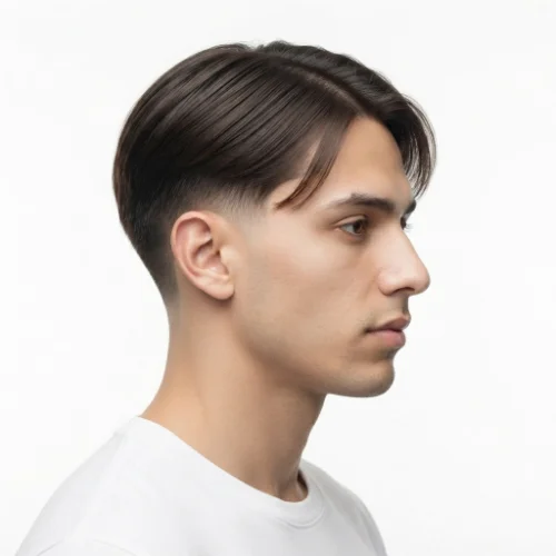Man with thin hair styled in a low taper fade middle part on a clean white background.
