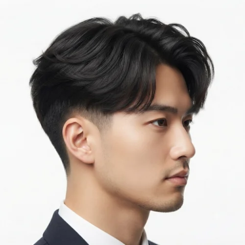 Asian man with a stylish low taper fade middle part hairstyle on a clean white background.
