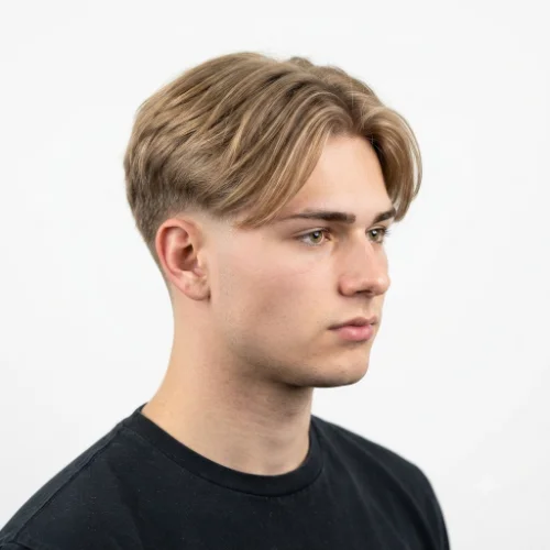 Man with blonde hair styled in a low taper fade middle part on a white background.
