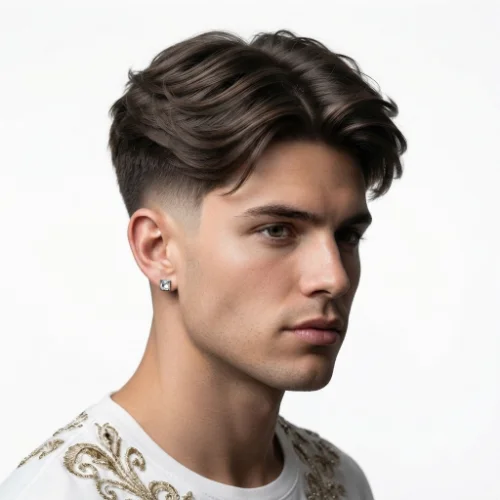Man with layered hair and a low taper fade middle part hairstyle on a clean white background.