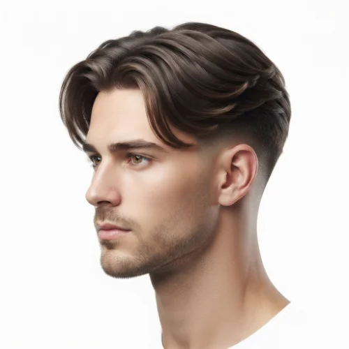 Man with a long textured top and low taper fade middle part hairstyle on a white background.
