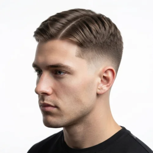 Man with short hair and a low taper fade middle part hairstyle on a clean white background.
