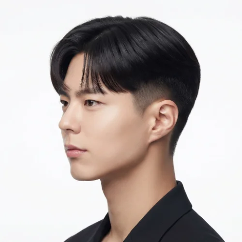 Man with a middle part and textured fringe paired with a low taper fade on a white background.
