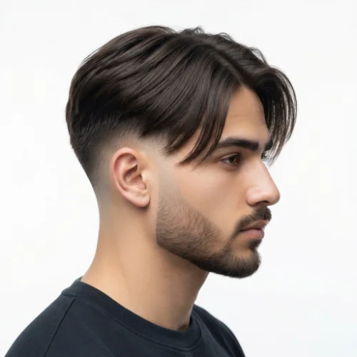 Man with curtain bangs and a low taper fade middle part hairstyle on a clean white background.
