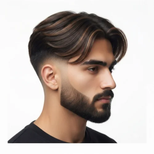 Man with a low taper fade middle part hairstyle and a neatly groomed beard on a white background.
