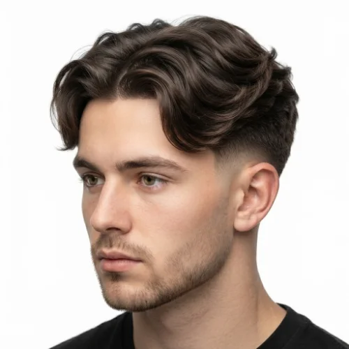 Man with a voluminous middle part hairstyle and low taper fade on a clean white background.

