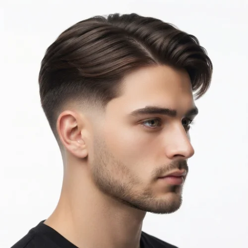 Man with a neat professional low taper fade middle part hairstyle on a white background.
