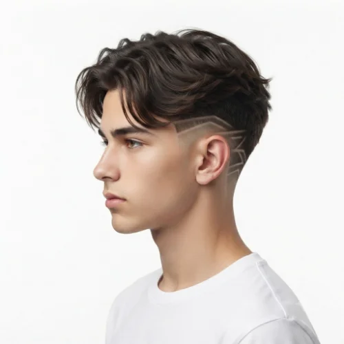 Teen boy with a stylish low taper fade middle part hairstyle on a clean white background.
