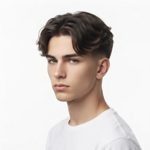 Man with naturally styled hair and a low taper fade middle part on a white background.
