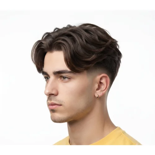 Man with a textured top and middle part paired with a low taper fade on a clean white background.
