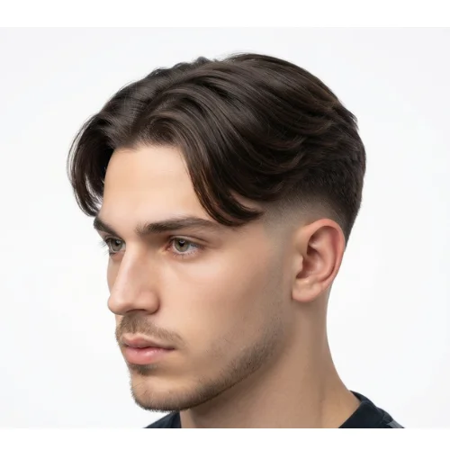 Man with a clean middle part and neatly blended low taper fade on a white background.
