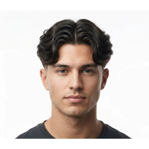 Man with a casual middle part hairstyle and low taper fade on a clean white background.
