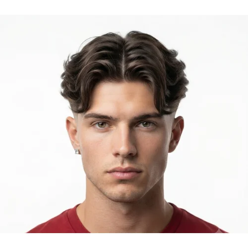 Man with a trendy 2026 low taper fade middle part featuring modern texture and clean faded sides on a white background.
