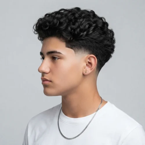Man with a modern low taper fade blowout featuring textured volume and clean faded sides on a white background.
