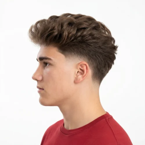 Man with a classic low taper fade blowout featuring clean faded sides and natural volume on a white background.