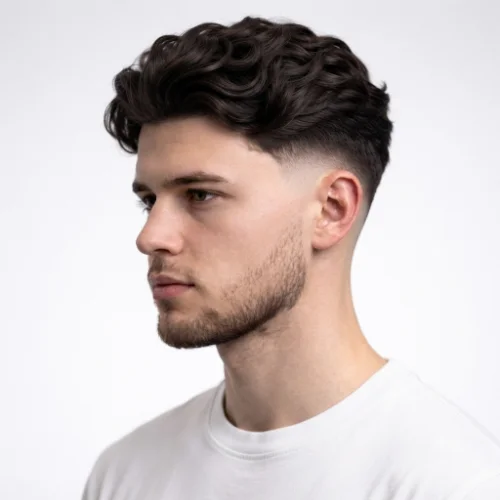 Man with wavy hair and a low taper fade blowout featuring natural texture and volume on a white background.
