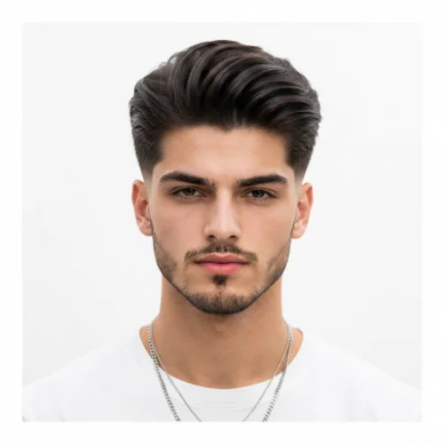 Man with straight hair styled into a low taper fade blowout with smooth volume on a white background.
