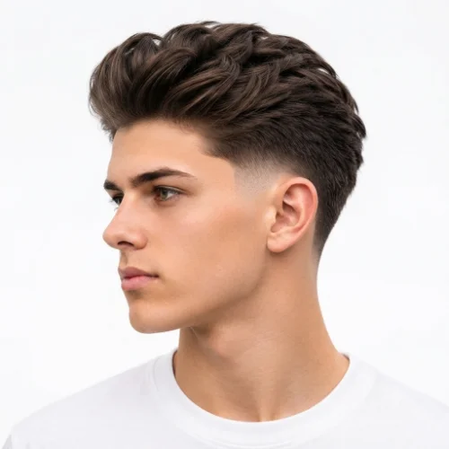 Man with thick hair and a low taper fade blowout featuring full volume and clean sides on a white background.
