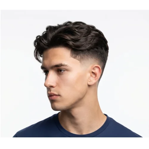 Man with thin hair styled into a low taper fade blowout featuring lifted volume on a white background.

