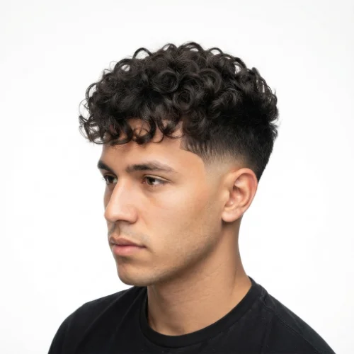 Man with a low taper fade blowout featuring a textured fringe and voluminous top on a white background.
