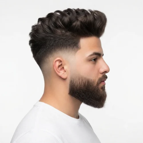 Man with a low taper fade blowout paired with a neatly groomed beard on a white background.
