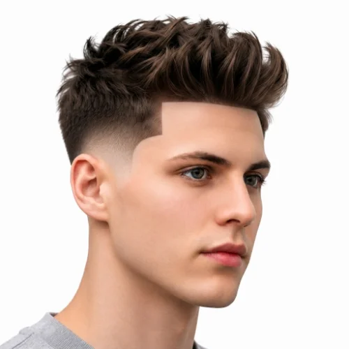 Man with a low taper fade blowout featuring a sharp line up and clean edges on a white background.

