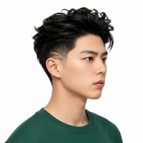 Man with a long voluminous top and low taper fade blowout on a clean white background.
