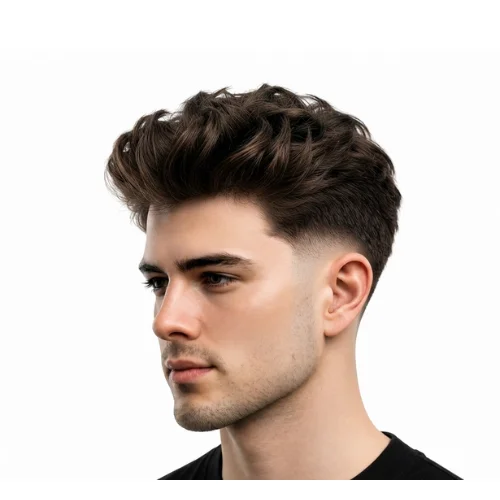 Man with a short low taper fade blowout featuring neat volume and clean faded sides on a white background.
