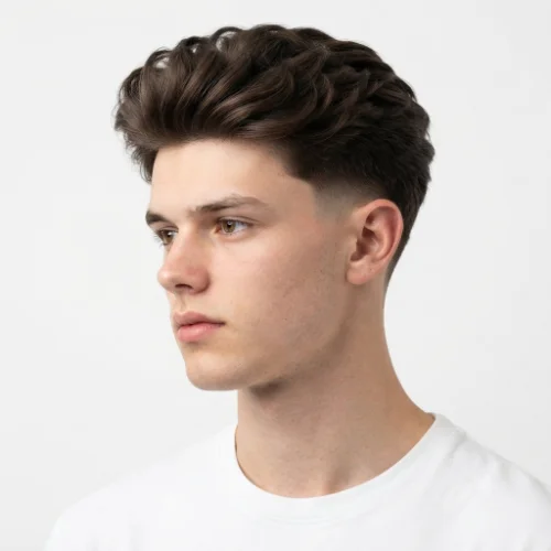 Man with a low taper fade blowout featuring lifted hair and strong natural volume on a white background.

