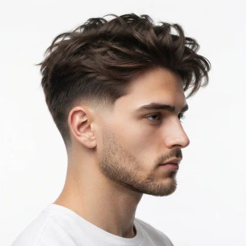 Man with a low taper fade blowout featuring natural texture and relaxed volume on a white background.
