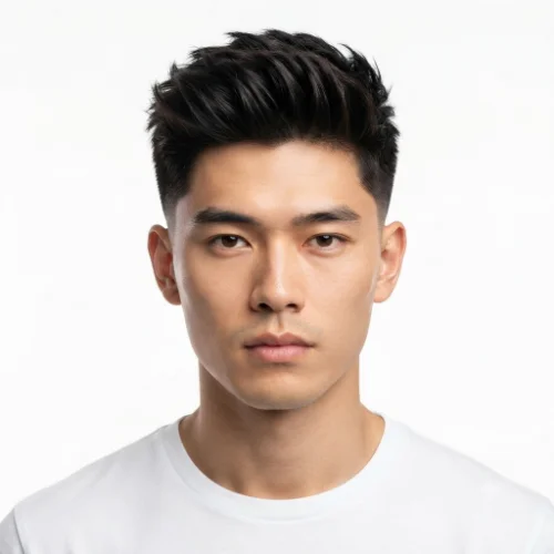 Man with a neat professional low taper fade blowout featuring controlled volume and clean sides on a white background.
