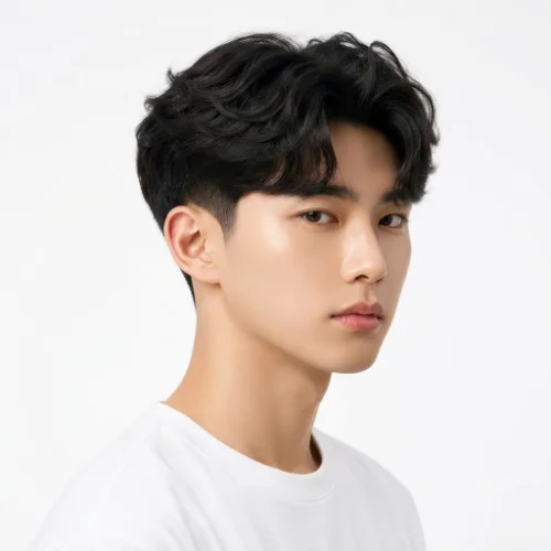 Man with a trendy 2026 low taper fade blowout featuring modern texture, volume, and clean faded sides on a white background.
