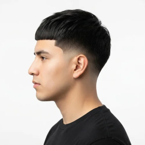 Man with a classic low taper fade Edgar haircut featuring a short textured top and clean faded sides on a white background.