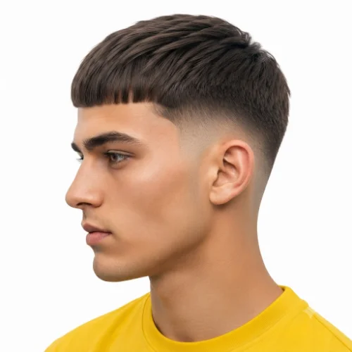 Man with a modern low taper fade Edgar featuring textured hair, sharp edges, and clean faded sides on a white background.