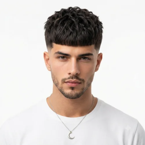 Man with a textured low taper fade Edgar featuring a choppy top and clean faded sides on a white background.
